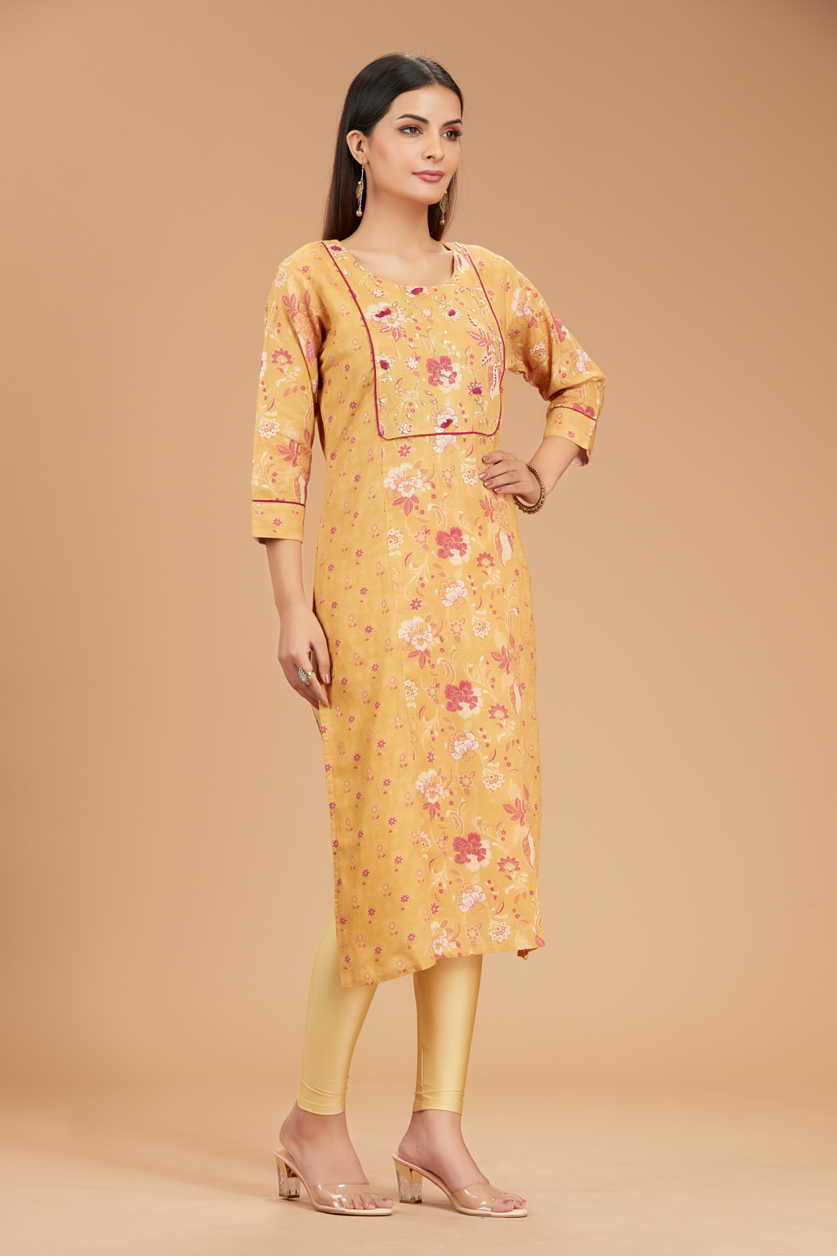 Yellow Printed Straight Kurti